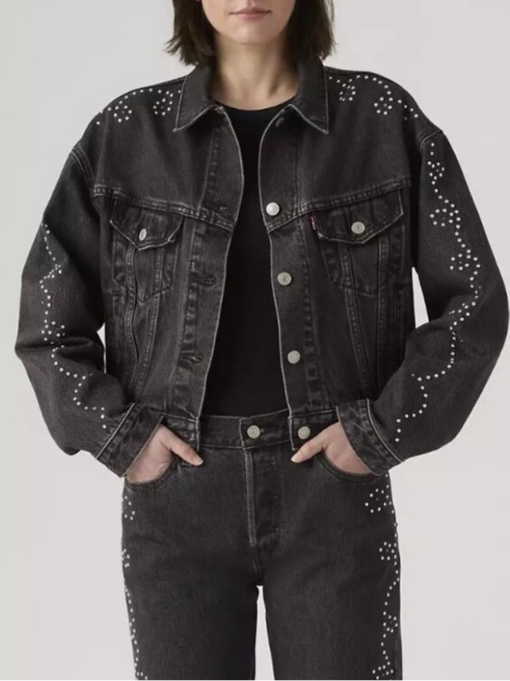 NWT LEVI’S 90s Shrunken Trucker Denim Jacket Jewel Studded Black XS - Picture 2 of 12